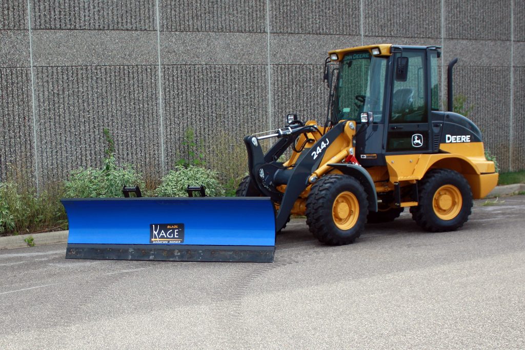 KAGE compact wheel loader snow blade on John Deere